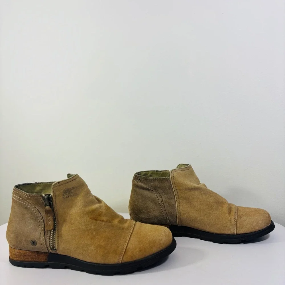 Sorel Major Low Ankle Boots Canvas Suede‎ Tan Side Zip Up Women's Size 10